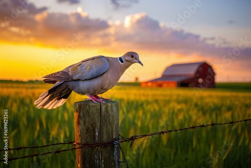 Mourning Dove Perched on Fence Post at Sunset Near Barn