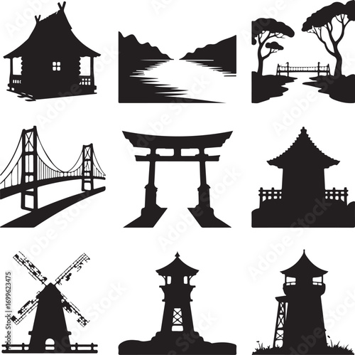 Japanese Torii Gate Bridge Windmill and Traditional House Silhouettes Keywords: Japanese, torii