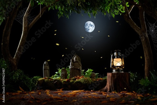 Mysterious Moonlight Night in an Enchanted Forest Cemetery