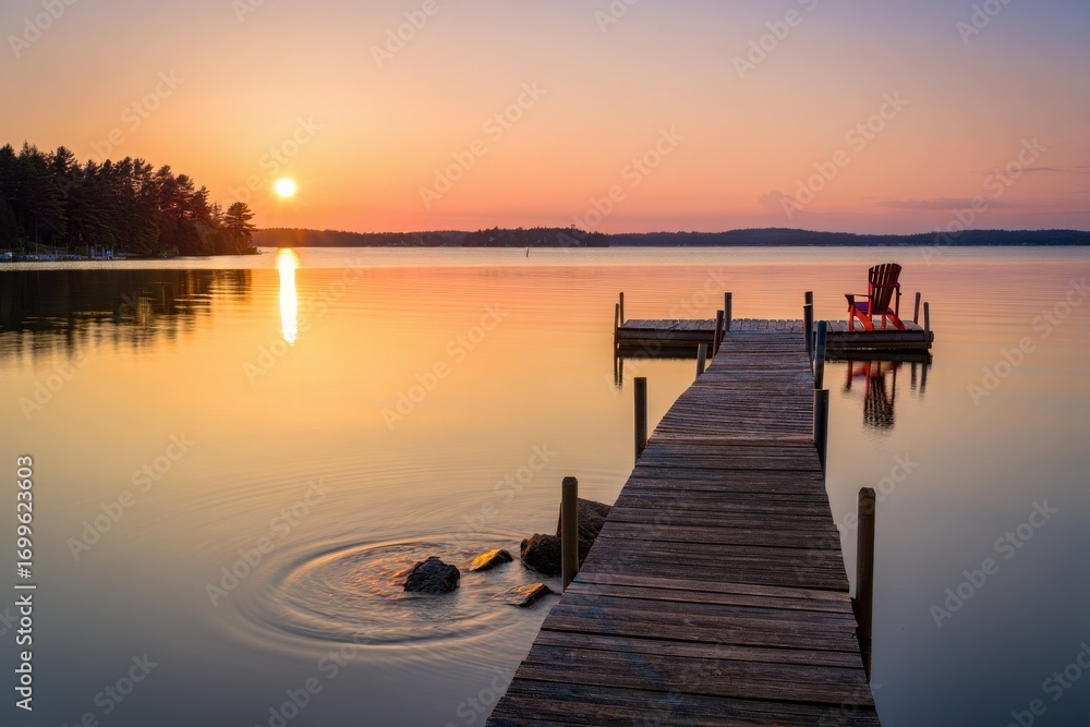 Fototapeta premium Tranquil Lake Sunrise Over Wooden Dock With Red Chair