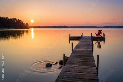 Tranquil Lake Sunrise Over Wooden Dock With Red Chair