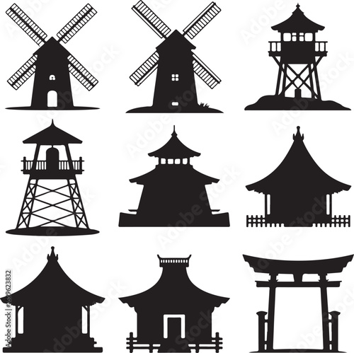 Windmills Pagodas Torii Gate and Traditional House Silhouettes Keywords: windmill, pagoda, torii