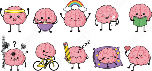 Cartoon brain character set with emotions, activities, reading, cooking, sleeping, cycling, creativity, companionship, educational and mental health illustration