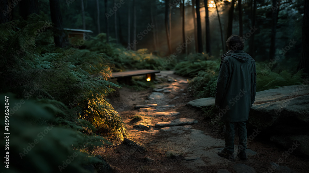 Fototapeta premium Person Stands on a Stone Path in a Forest at Sunset