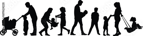 Silhouette of parents and children playing together, family walking, baby stroller, kids swinging, joyful moments, parenting, outdoor activity, happy family time