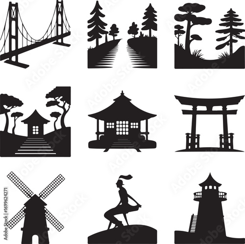 Diverse Silhouettes of Bridges, Landscapes, Pagodas, Windmills and Lighthouses suspension bridge