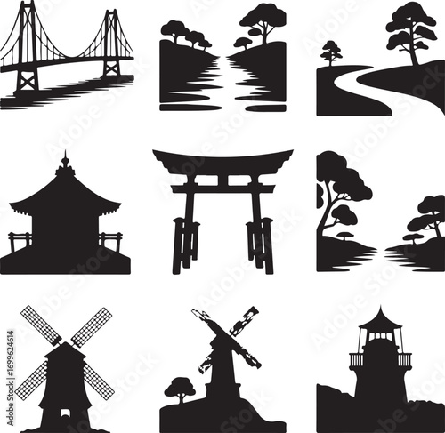 Collection of Silhouette Bridges, Landscapes, Pagodas, Windmills and Lighthouses suspension bridge