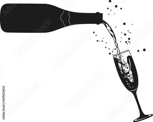 New Year Champagne Silhouette Vector with Glass - Festive Holiday Celebration Design