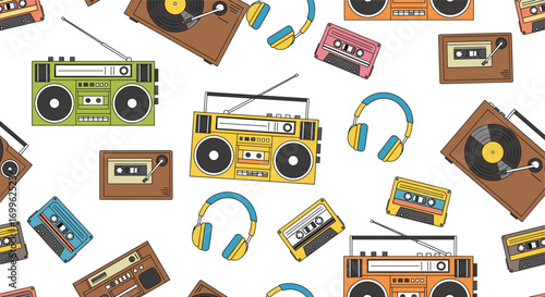 Retro audio equipment pattern with cassette tapes, boomboxes, vinyl players, and headphones—perfect for music design, vintage themes, and nostalgia.