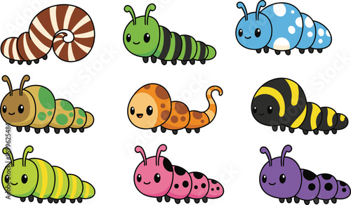 Cartoon caterpillar character set with colorful bodies and cute expressions—perfect for children’s content, insect education, and playful design themes.