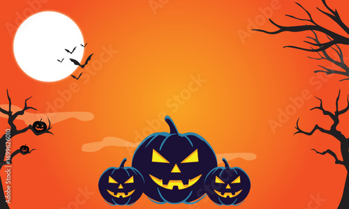 Spooky Halloween Background with Pumpkins, Bats, and Full Moon