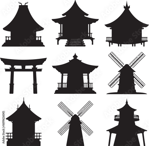 Collection of Silhouetted Asian Pagodas Torii Gates and Windmills Keywords: silhouette, asian