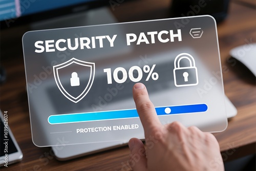 A hand interacts with a digital security patch display, symbolizing cybersecurity.