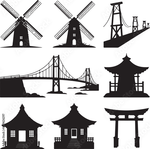 Collection of Silhouettes Showing Windmills Bridges and Asian Buildings Keywords: silhouette