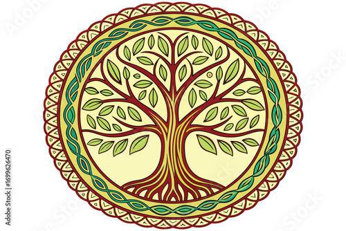 Circular tree of life illustration with intricate border Keywords: tree of life, circular, mandala, nature