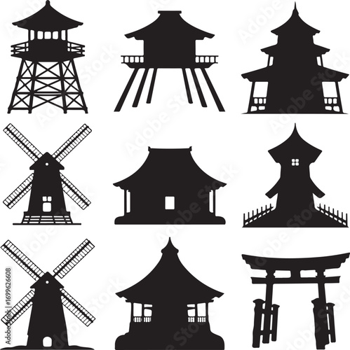 Assortment of Silhouetted Windmills and Asian Architectural Structures Keywords: windmill