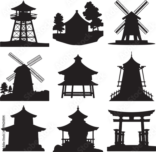 Group of Silhouetted Windmills and Asian Buildings with Trees Keywords: windmill, silhouette