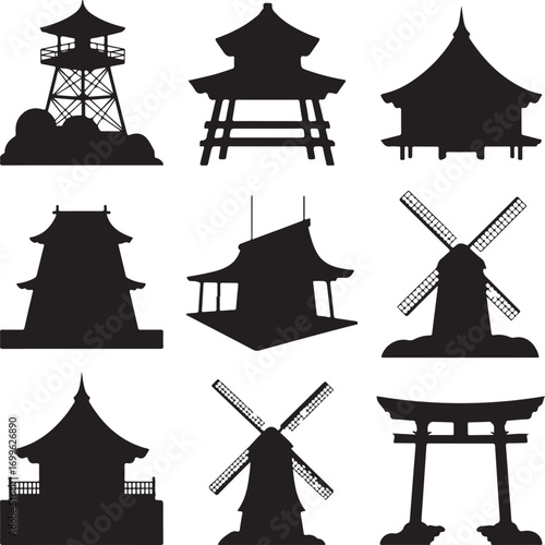 Variety of Silhouetted Asian Architecture and Windmills Icons Keywords: windmill, silhouette