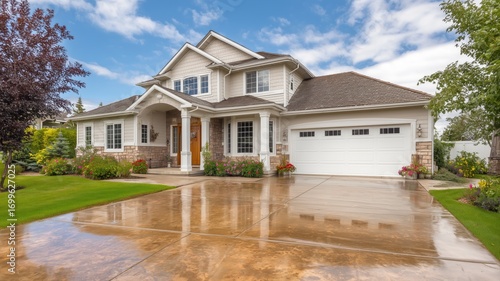 An exquisite two-story house with a white garage door in the front yard featuring a perfect concrete driveway, surrounded by lush green grass