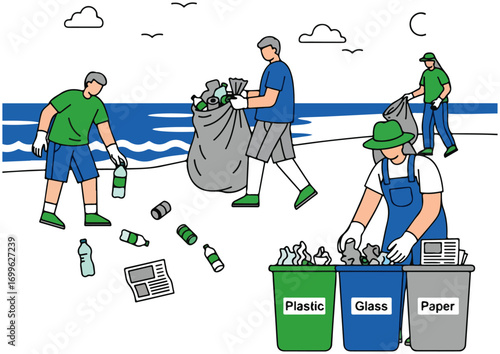 Beach Cleanup Vector Illustration With People