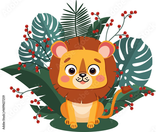 cute lion with tropical leaves and red berries isolated