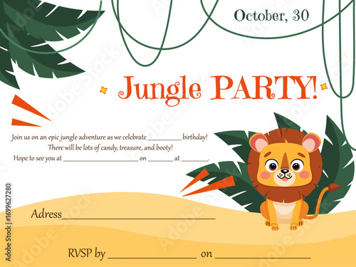 invitation for a children's party with a cute lion character, invitation text, and leaves
