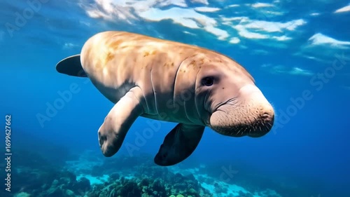 Gentle Manatee Swimming Underwater in Coral Reefs