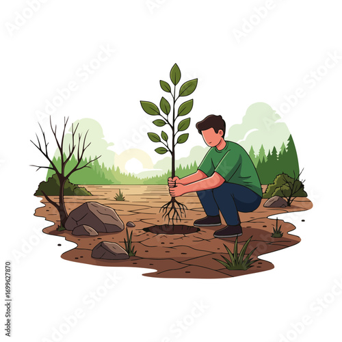 Environmentalist Planting Tree on Arid Land Illustration
