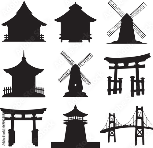 Set of Black Silhouettes Featuring Asian and European Architectural Landmarks Keywords: silhouette