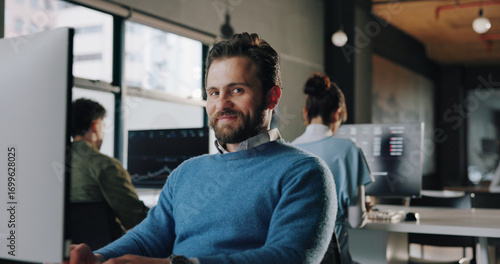 Bild auf Leinwand Computer, research and portrait of businessman in office for planning with stock market for finance report