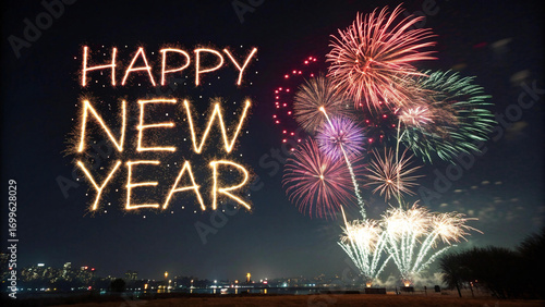 Colorful fireworks exploding in dark night sky creating festive holiday celebration background