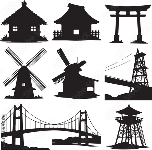 Assortment of Black Silhouettes of Iconic Architectural Structures Keywords: silhouette