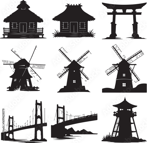 Collection of Silhouetted Windmills, Bridges, and Traditional Houses Keywords: silhouette, building