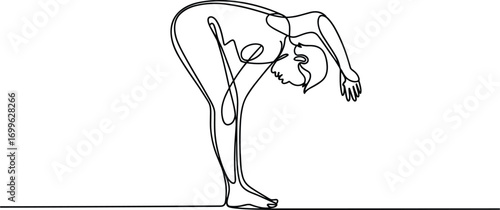 Minimalist line art of woman bending forward, yoga pose illustration, stretching exercise, continuous line drawing, fitness, wellness, flexibility, health, calm, peaceful, meditation, balance,