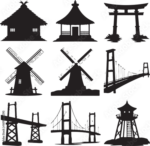 Collection of black silhouettes of iconic buildings and structures architecture