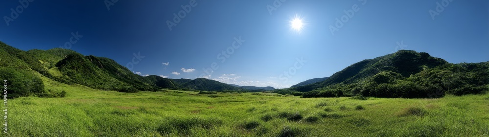 Fototapeta premium Vibrant nature landscape scenic valley hdr panorama lush green environment wide-angle viewpoint serenity concept