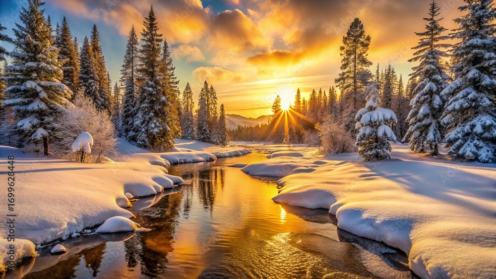 Fototapeta premium Winter sunset across a peaceful landscape, with snow-covered trees and a gentle flowing stream creating a tranquil, magical seasonal scene