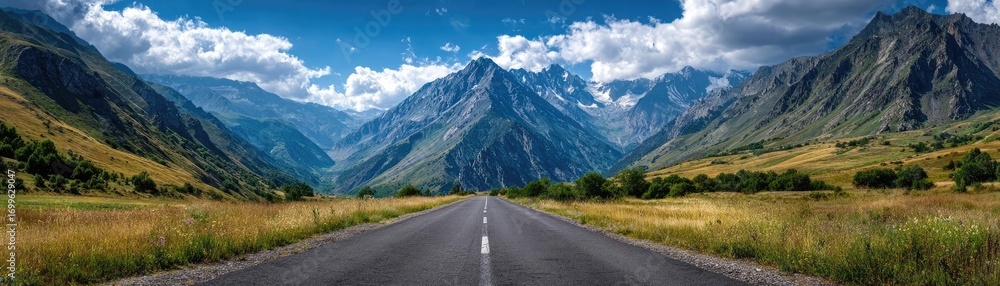 Fototapeta premium Asphalt road symbolism with upward long direction concept. A breathtaking mountain view with a serene, winding road.