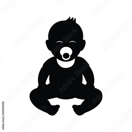 Silhouette of a cute baby sitting down with a pacifier in mouth, newborn baby with pacifier silhouette vector illustration