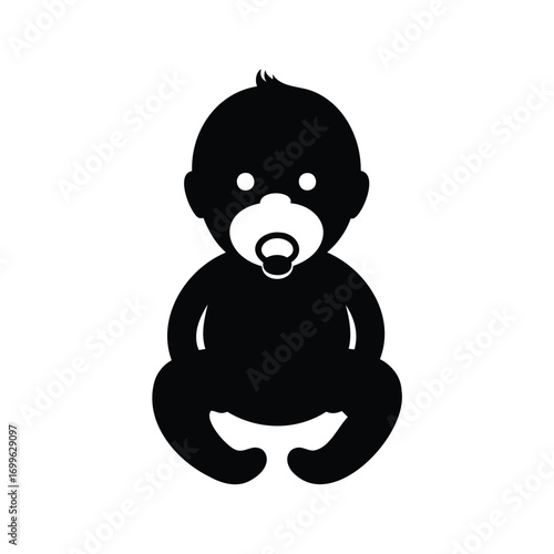 Black silhouette illustration of a baby with a pacifier sitting upright, newborn baby with pacifier silhouette vector illustration