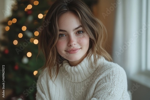 Wallpaper Mural Close-up photo of a young man's hands in a brown sweater using a mobile phone, with a Christmas tree in the background, Generative AI Torontodigital.ca