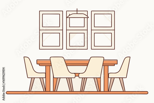 Dining Table with Four Chairs and Pendant Light and Wall Art Keywords: dining, table, chairs, furniture