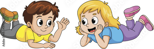 Happy cartoon boy and girl lying on floor, smiling, talking, playful kids illustration, perfect for education, children’s content, storybooks, learning, and fun designs