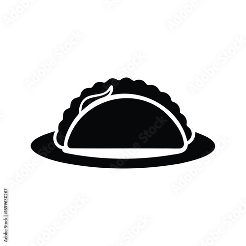 Stylized black and white illustration of an empanada or dumpling on plate, taco on plate silhouette vector illustration