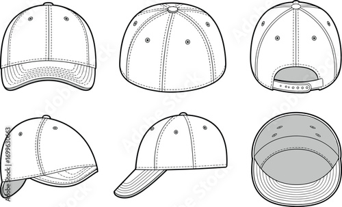 CAD drawing of baseball cap, flat vector illustration, multiple angles, front, back, side views, adjustable strap, fashion accessory design