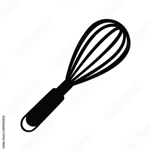 Black and white minimalist illustration of a kitchen whisk for cooking projects, whisk silhouette vector illustration
