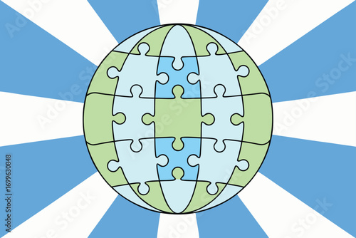 Globe Made of Puzzle Pieces with Blue and Green Continents and Rays earth world