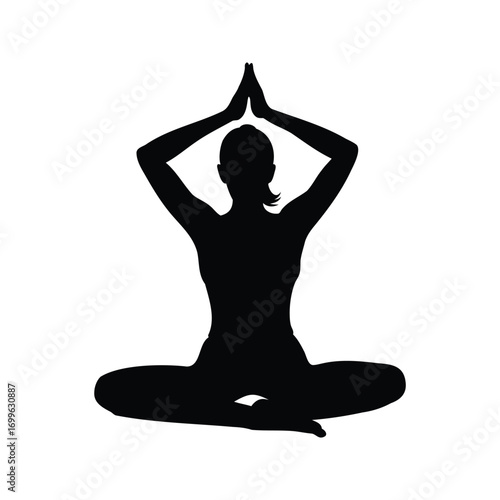 Silhouette of woman in yoga pose meditating with hands together above head, woman doing yoga pose silhouette vector illustration