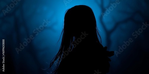 Silhouetted figure with long dark hair, gothic attire, pale skin,  shadows,  gothic lolita