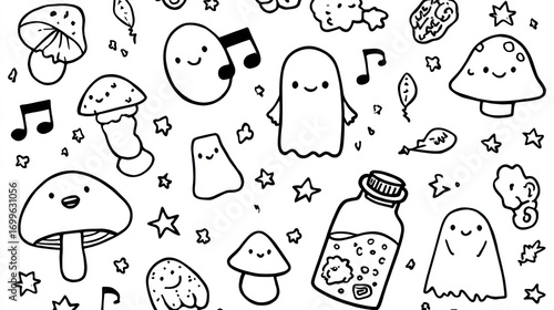 Whimsical black and white line art with various cute characters